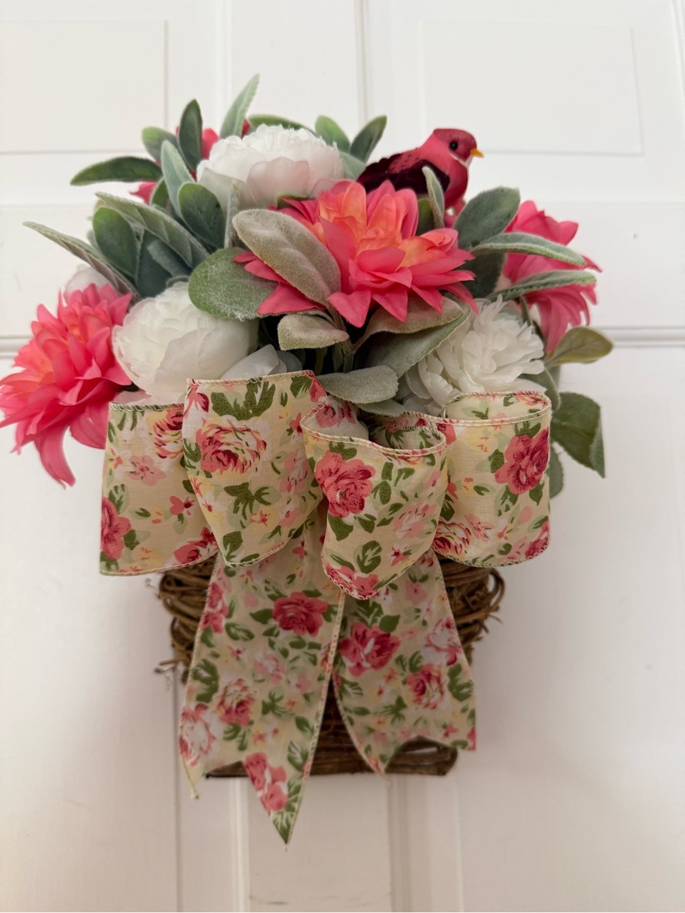 Floral Spring Wreath with Pink and White Blooms-measure in 16 x 14”